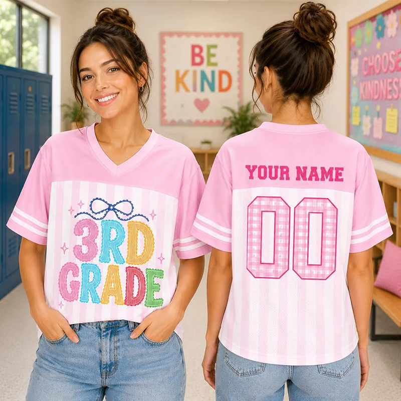 Personalized Grade And Name Lace Gingham Coquette Bow Teacher Mesh Jersey