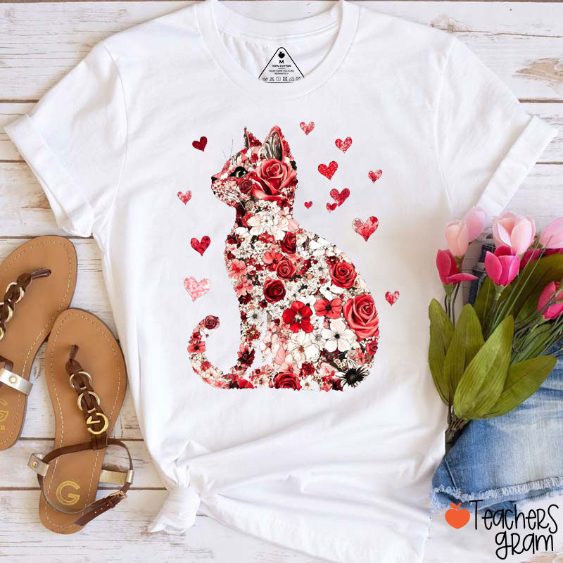 Valentine Cat Floral Heart Cat Lover Teacher T-Shirt