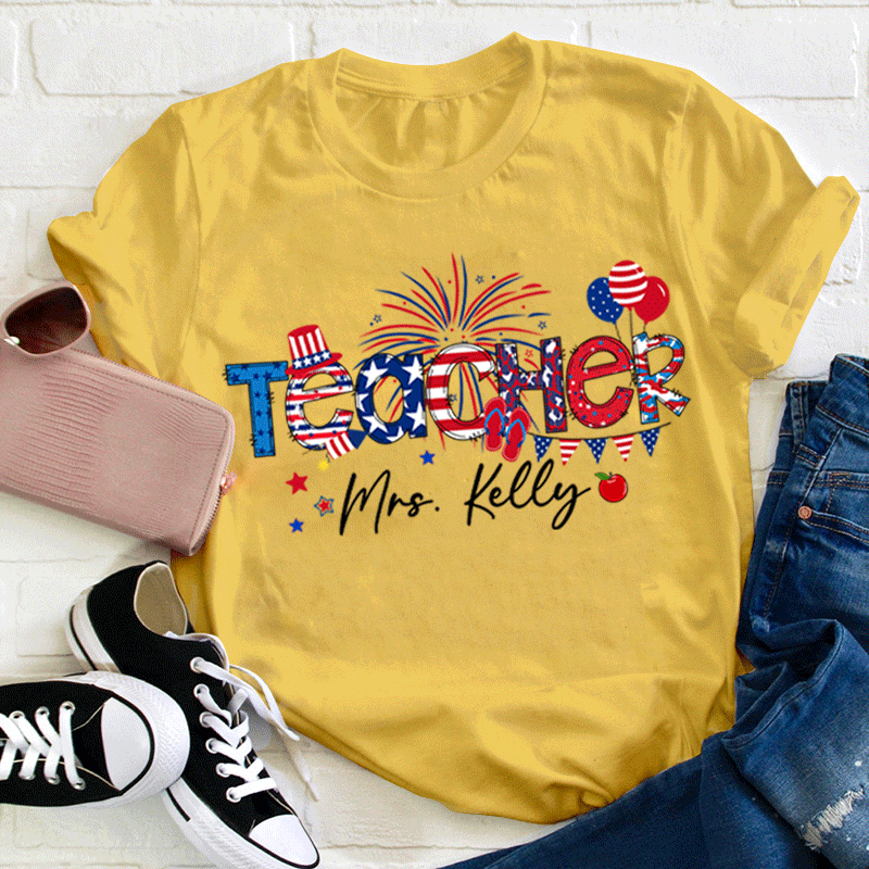 Personalized Name Flag Fireworks Balloon Teacher T-Shirt