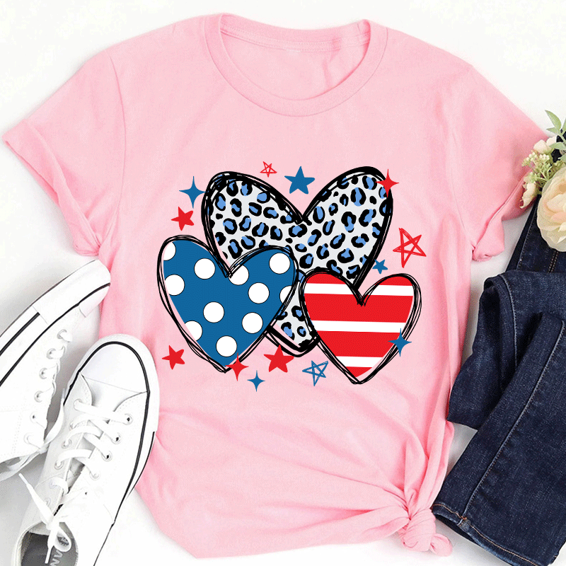 American Hearts Leopard Print Teacher T-Shirt