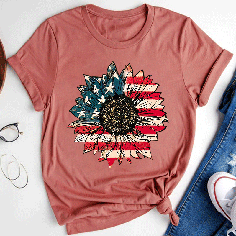 Vintage Flag Sunflower Teacher T-Shirt