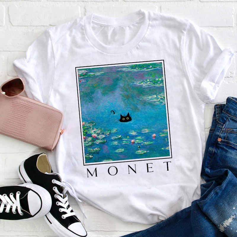 Monet Waterlily Cat Teacher T-Shirt