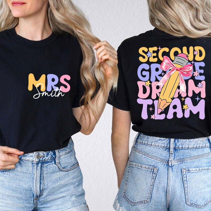 Personalized Teacher's Name And Grade Bow Pencil Print Teacher Two Sided T-Shirt