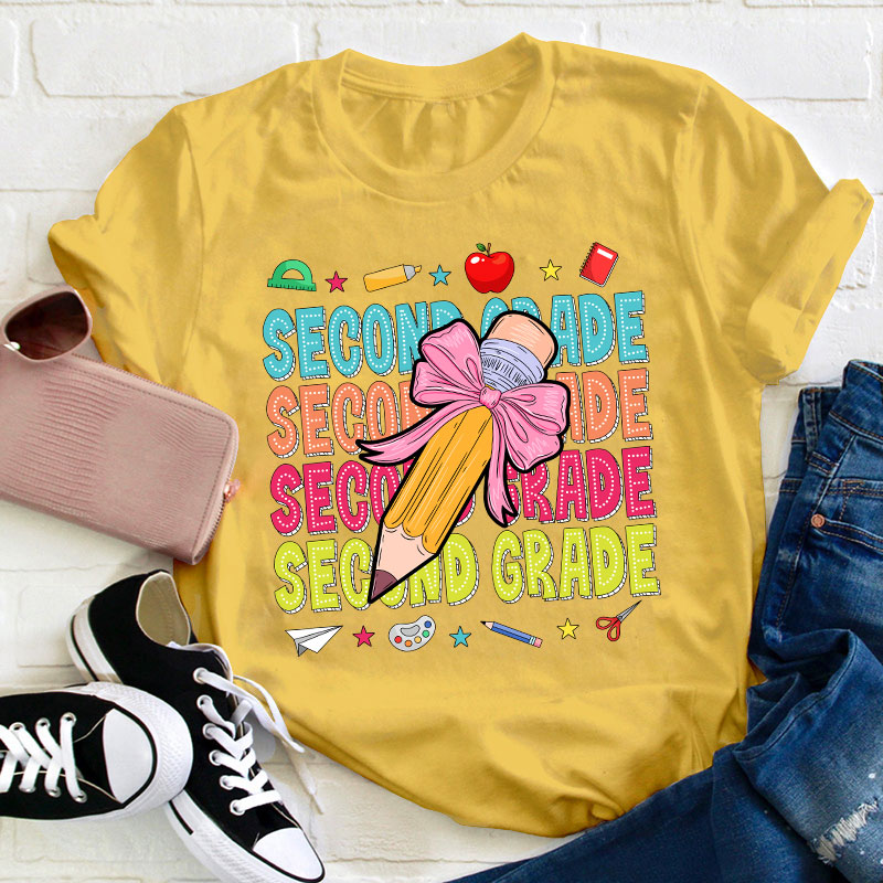 Personalized Class Bow Pencil Cute Icon Teacher T-Shirt