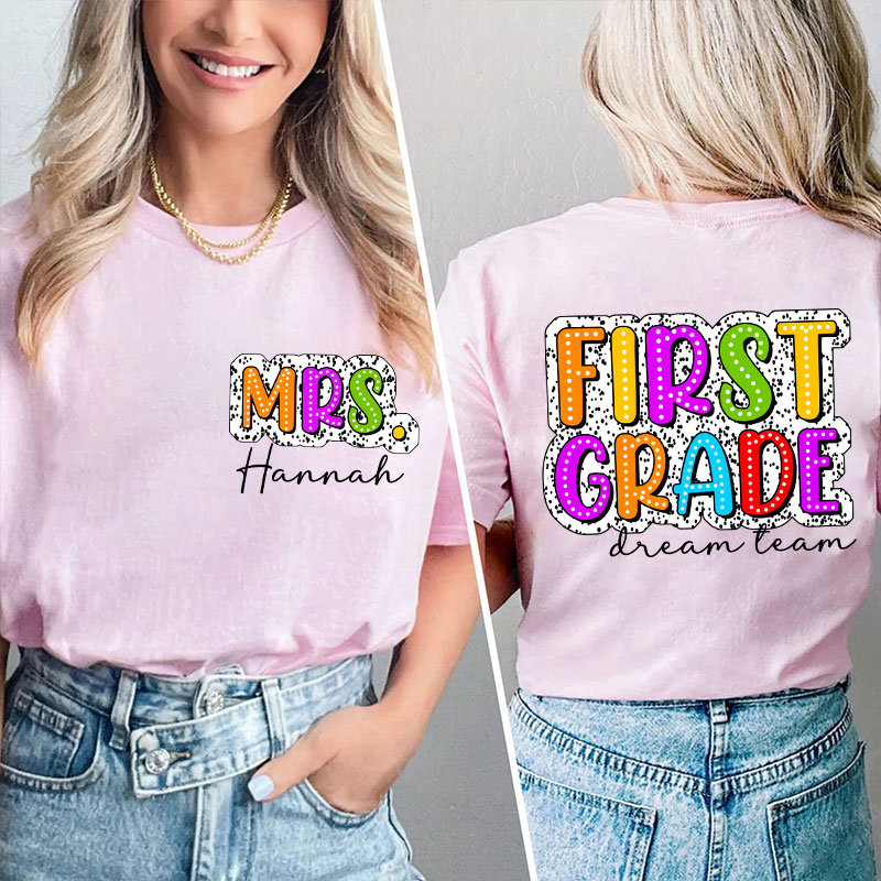Personalized Retro Dot Neon Lights Grade And Name Teacher Two Sided T-Shirt