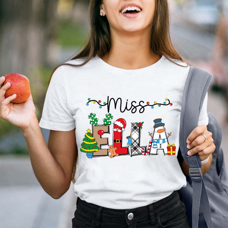 Personalized Name Cute Christmas Elements Teacher T-Shirt