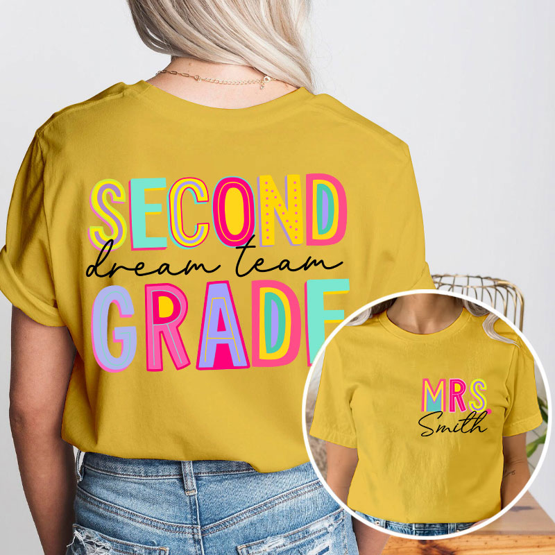 Personalized Teacher's Name And Grade Colorful Letter Design Teacher Two Sided T-Shirt