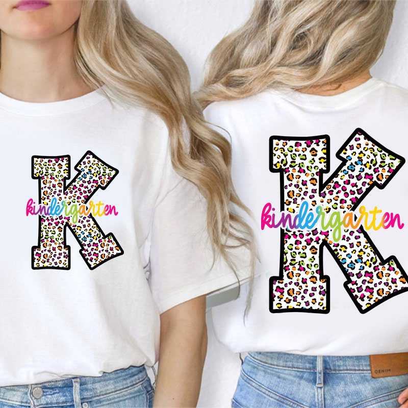 Personalized Colorful Leopard Letter Is For Teacher Two Sided T-Shirt