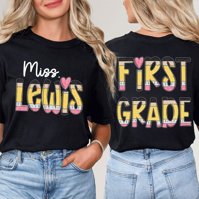 Personalized Teacher's Name And Grade Cartoon Pencil Font Design Teacher Two Sided T-Shirt