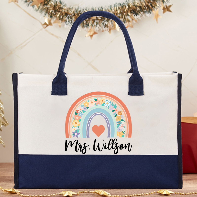 Personalized Flower Rainbow Teacher Cotton Tote Bag