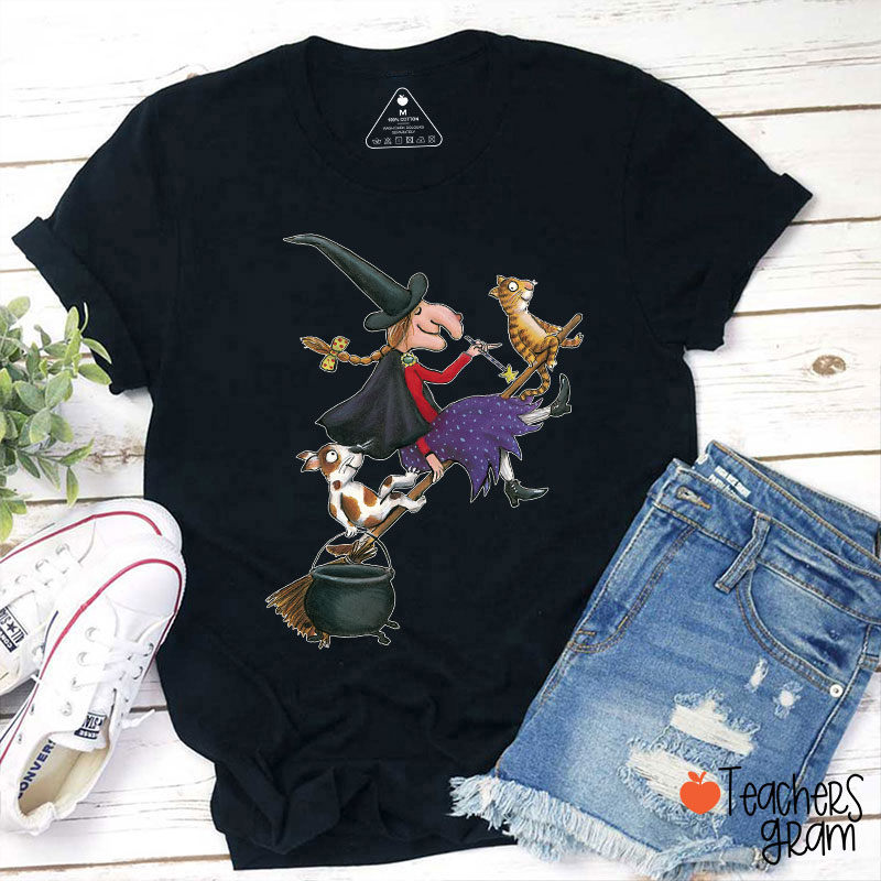 Witch Dog Cat Dark Gothic Halloween Teacher T-Shirt