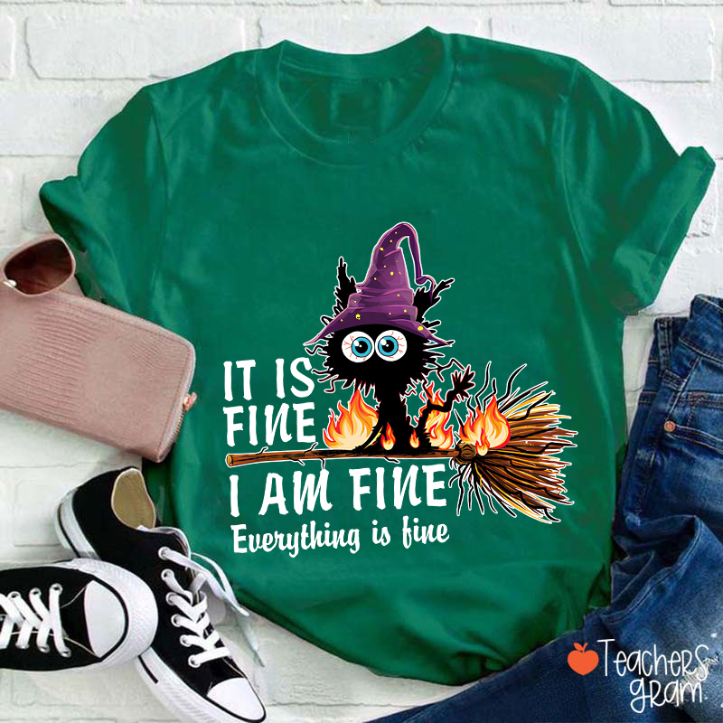 It Is Fine I Am Fine Everything Is Fine Halloween Broom Cat Teacher T-Shirt