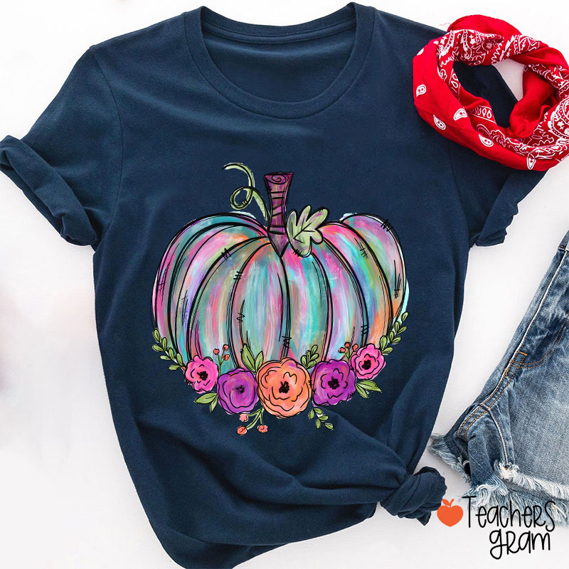 Colorful Pumpkin Watercolor Pumpkin Teacher T-Shirt