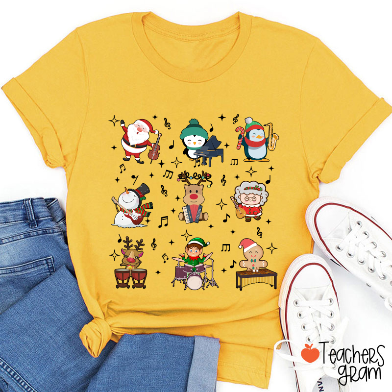 Cute Christmas Cartoons Playing Musical Instruments TeacherT-Shirt