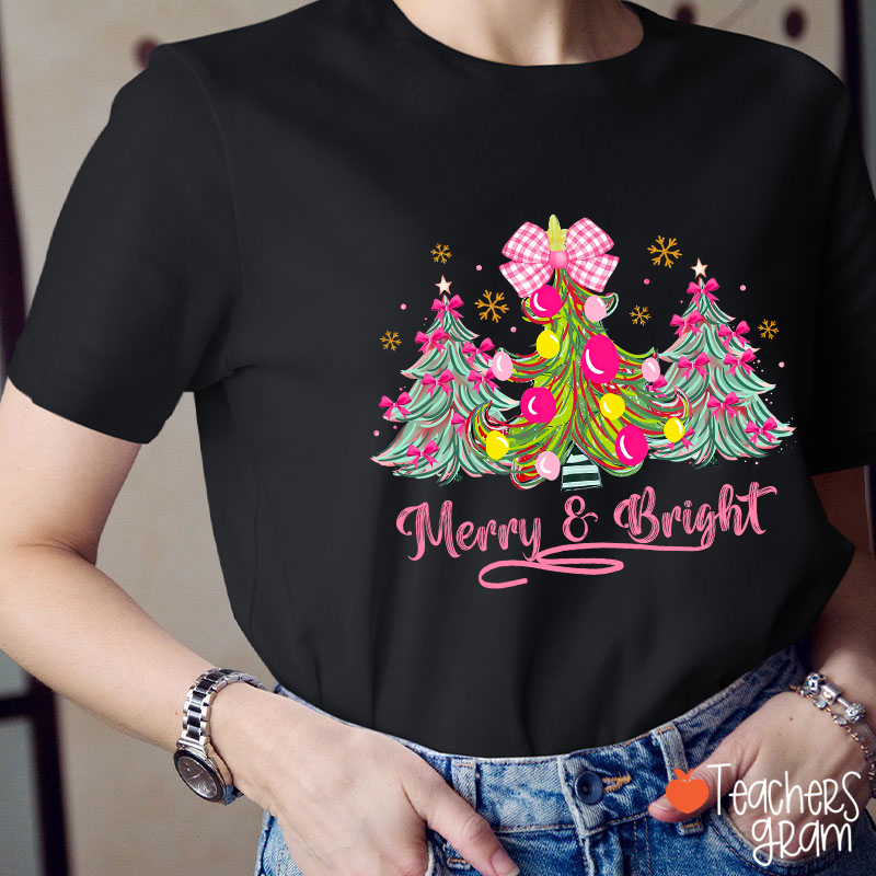 Fantasy Bow Christmas Tree Merry And Bright Christmas Teacher T-Shirt