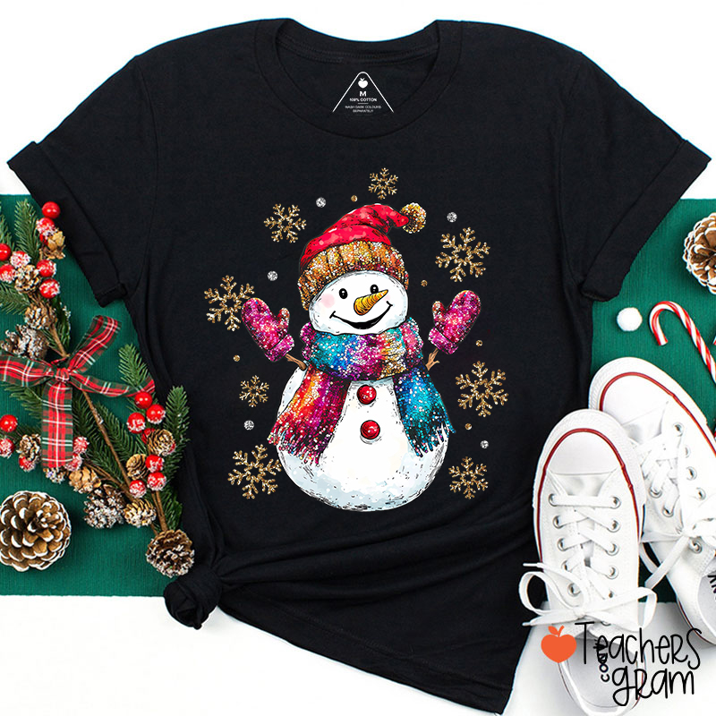 Colorful Scarves Snowman Teacher T-Shirt Sale-Teachersgram