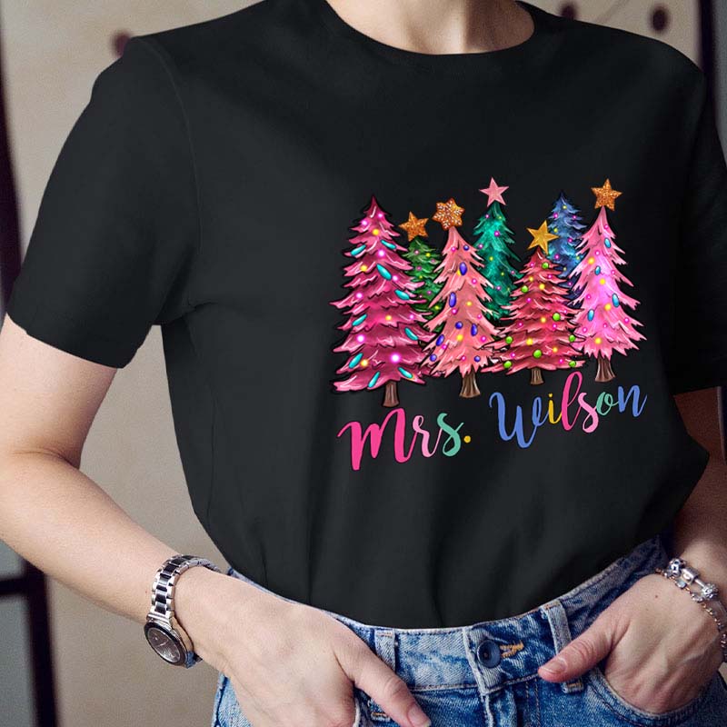 Personalized Name Colorful Christmas Trees Teacher T-Shirt