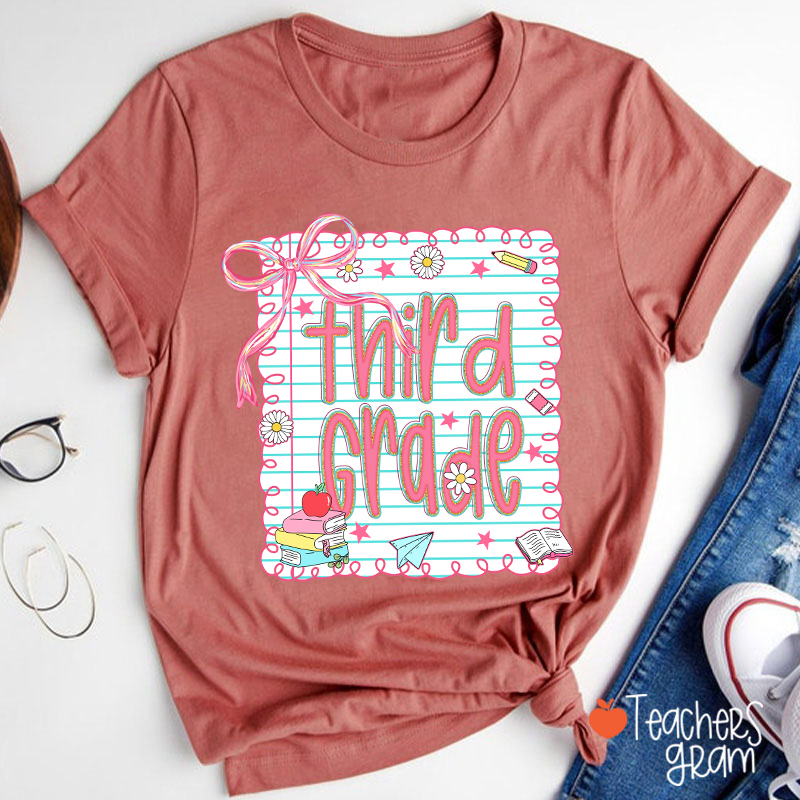 Personalized Grade Pink Bow Notebook Teacher T-Shirt