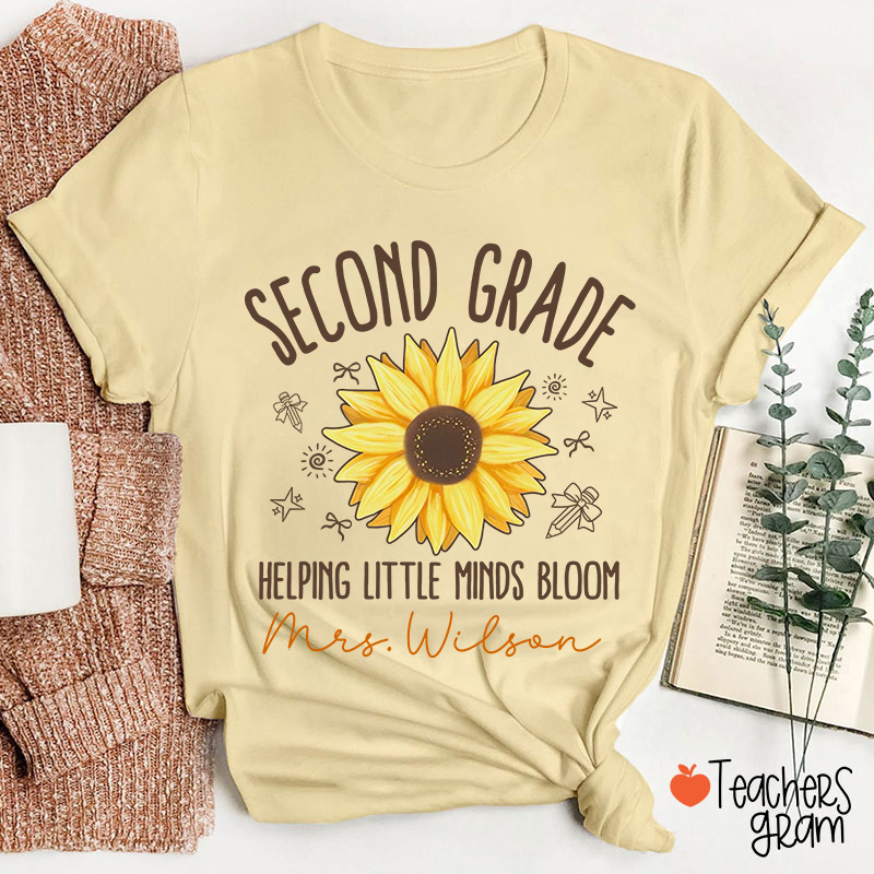 Personalized Grade And Name Helping Little Minds Bloom Teacher T-Shirt