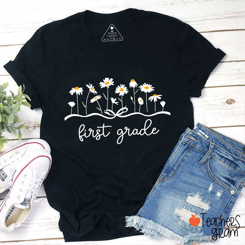 Personalized Grade Daisy Bow Teacher T-Shirt