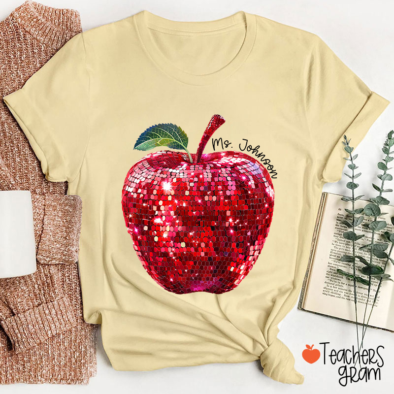 Personalized Red Glitter Apple And Name Teacher T-Shirt