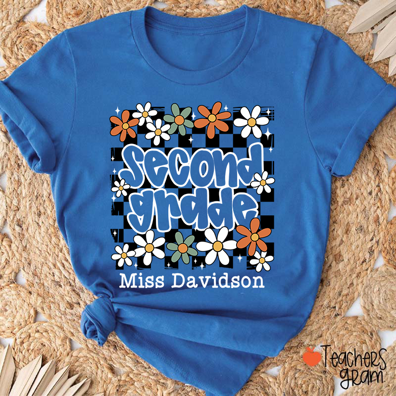 Personalized Text And Name Checkered Flowers Teacher T-Shirt