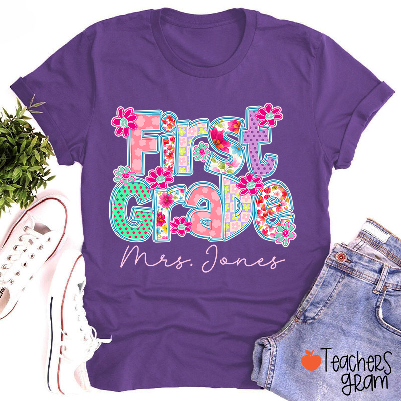 Personalized Grade Flowers Font Teacher T-Shirt