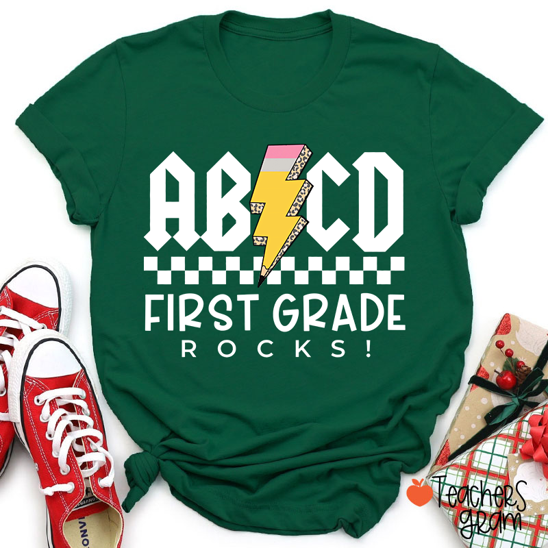 Personalized Grade Lightning Pencil Checkerboard Teacher T-Shirt