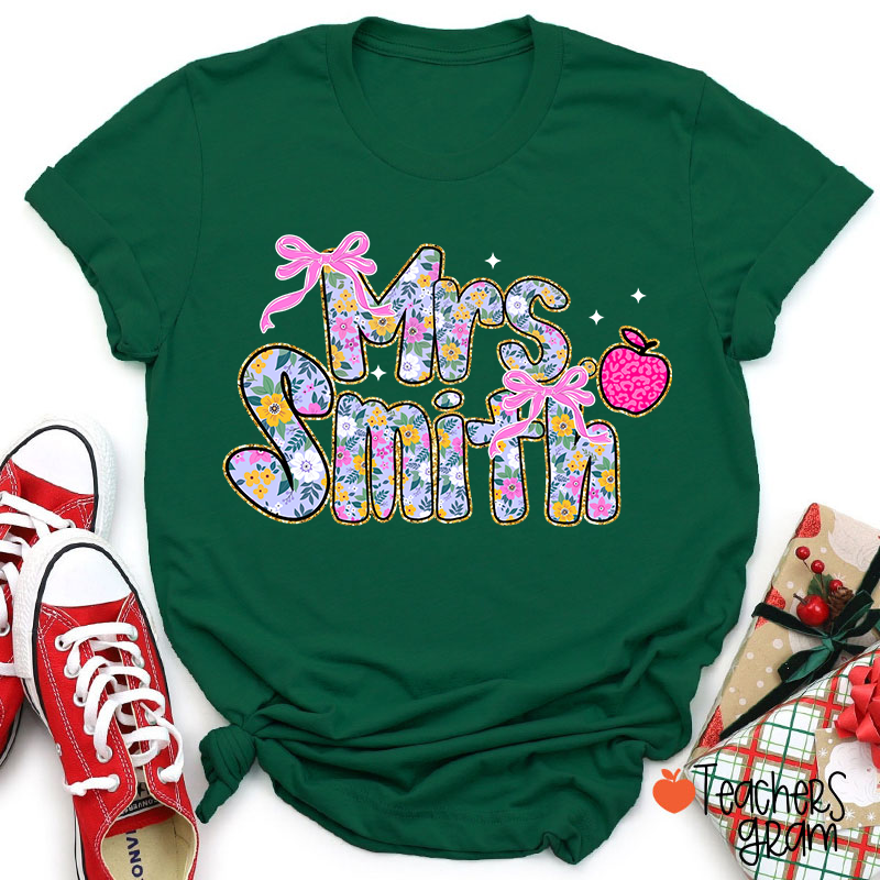 Personalized Name Apple Bow Floral Star Teacher T-Shirt