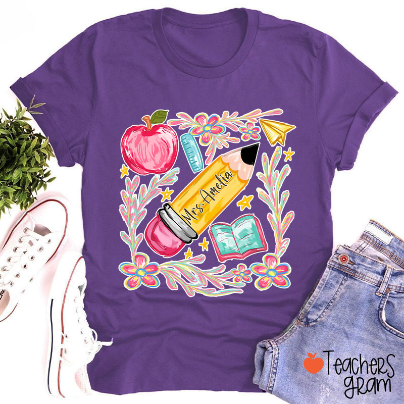 Flowers Pencil Apple Book Star Teacher T-Shirt