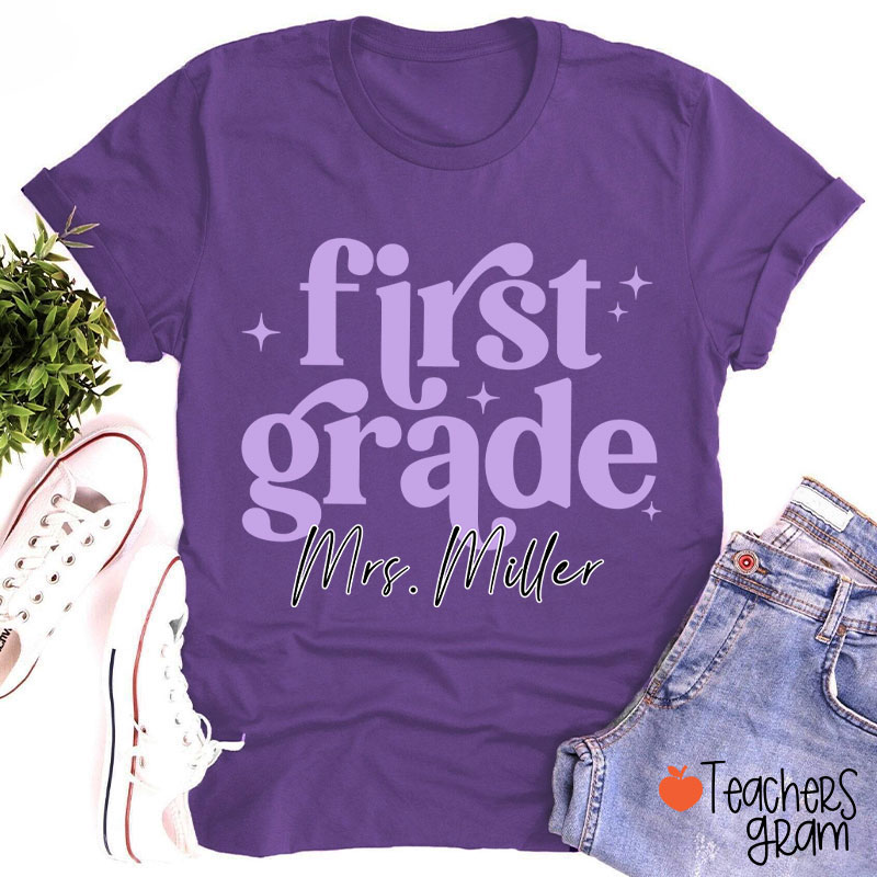 Personalized Grade Name Monochrome Stars Teacher T-Shirt