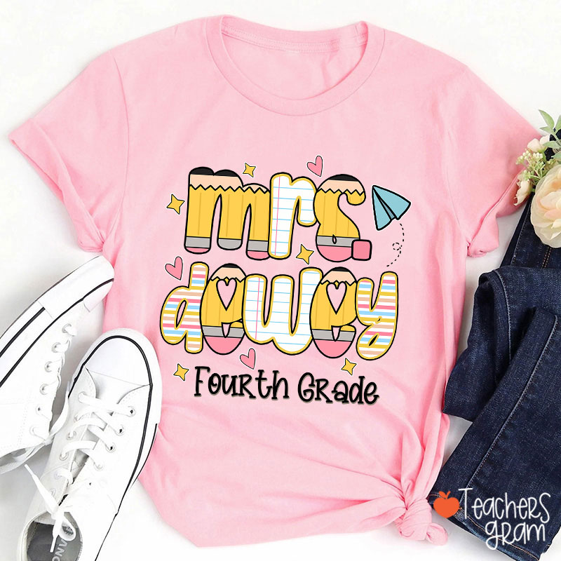 Personalized Name Grade Pencil Notebook Heart Star Paper Plane Teacher T-Shirt
