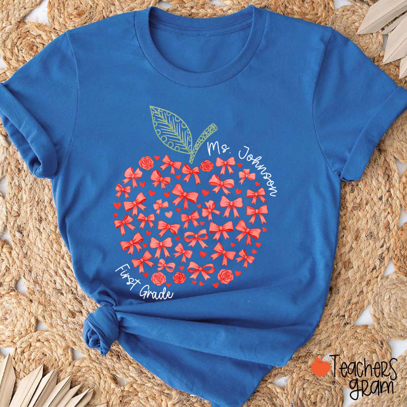 Personalized Name Or Grade Bow Apple Teacher T-Shirt