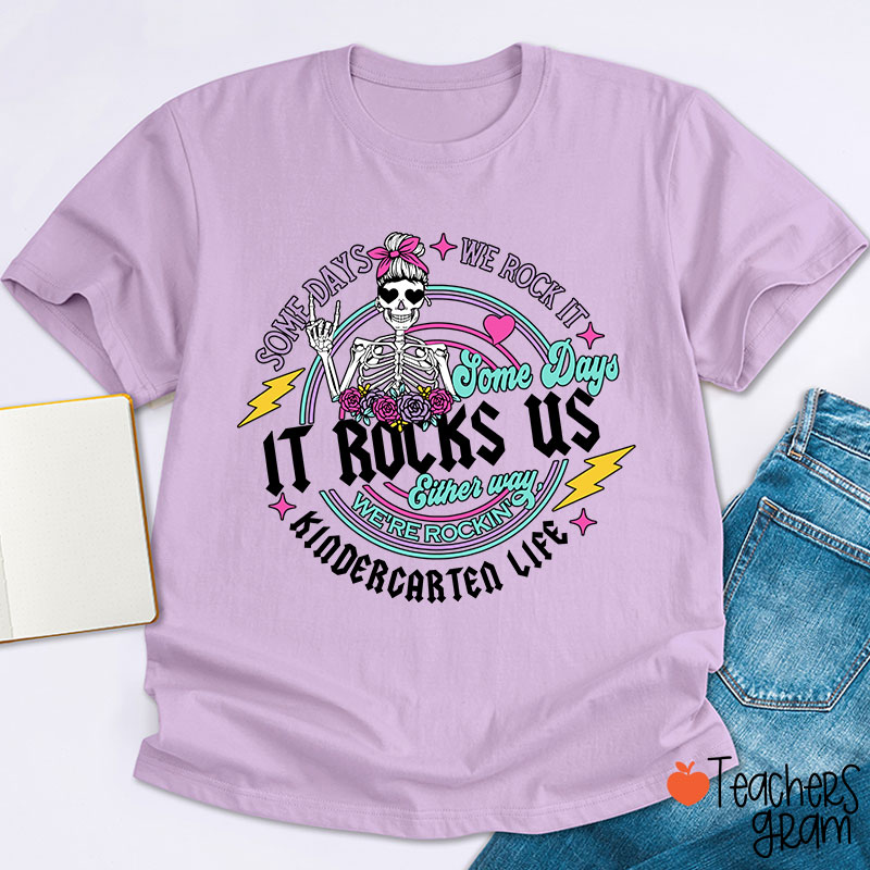 Personalized Grade Name Rock Skull Bow Lightning Teacher T-Shirt