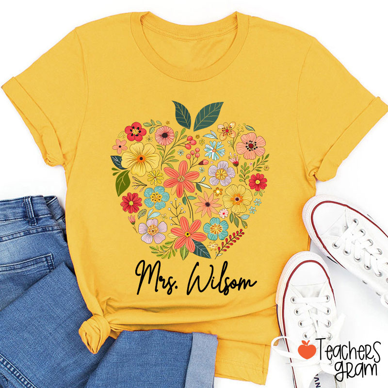 Personalized Floral Apple Name Teacher T-Shirt