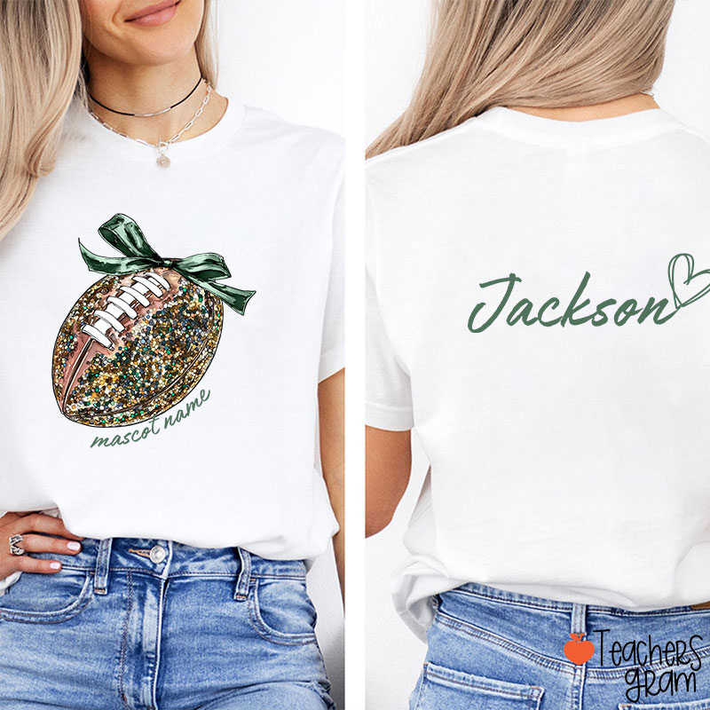 Personalized Mascot And Sport Faux Glitter Coquette Bow Teacher Two Sided T-Shirt