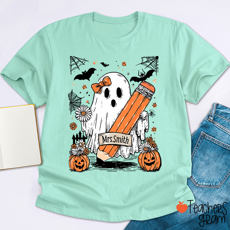 Personalized Name Cute Ghost Floral Halloween Teacher T-Shirt