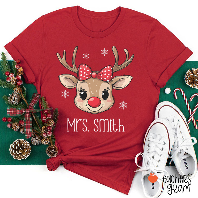 Personalized Name Cute Bow Reindeer Teacher T-Shirt