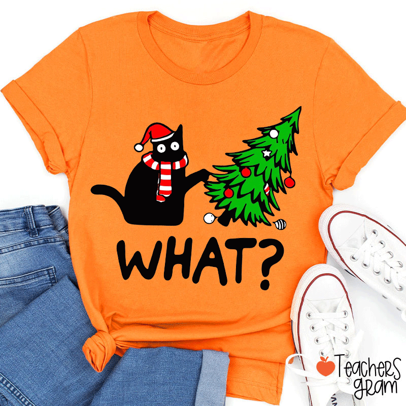 Cat Pushes Christmas Tree Teacher T-Shirt