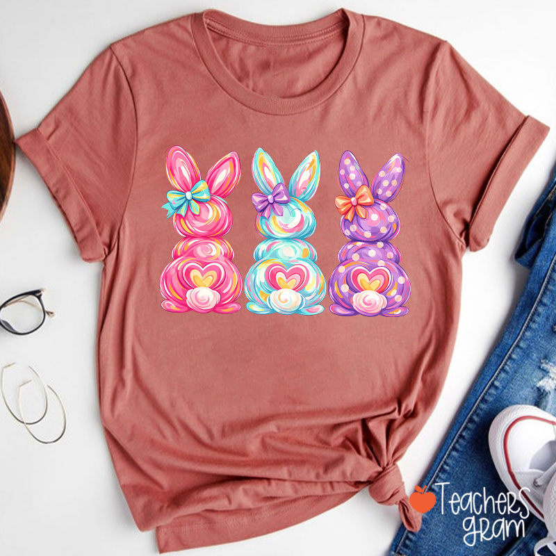 Bright Color Bunnies Easter Vibe Teacher T-Shirt