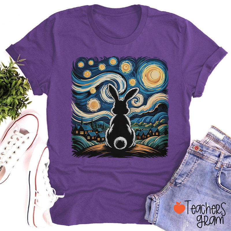 Starry Night Van Gogh Rabbit Teacher T-Shirt