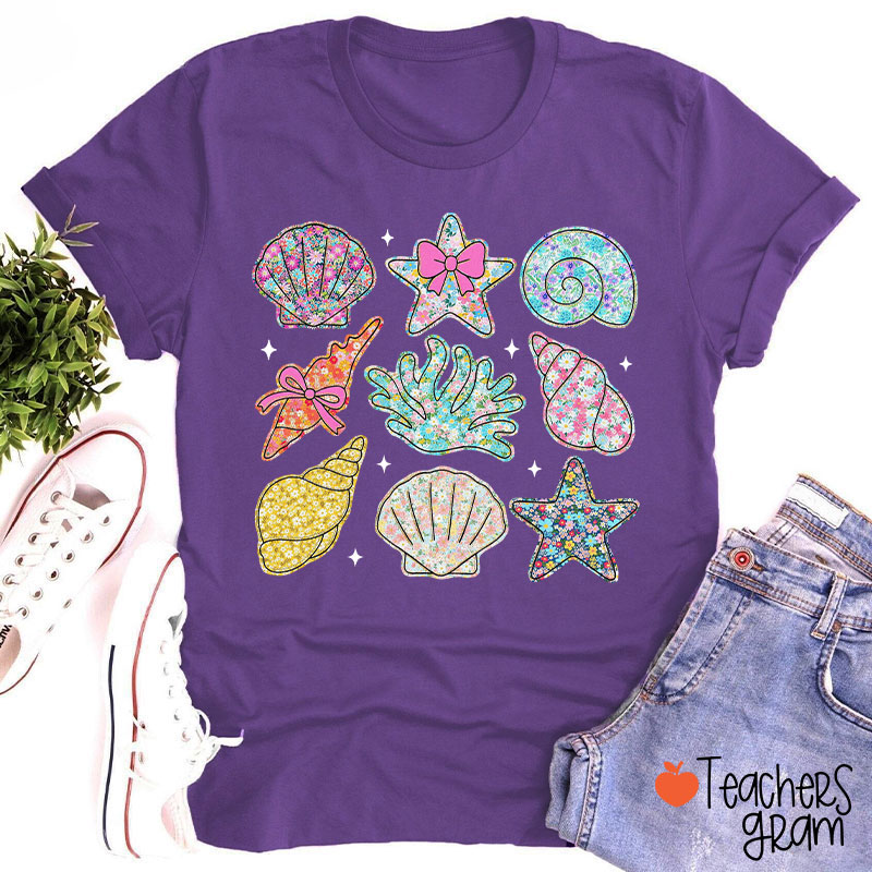 Wildflower Seashell Clam Summer Teacher T-Shirt
