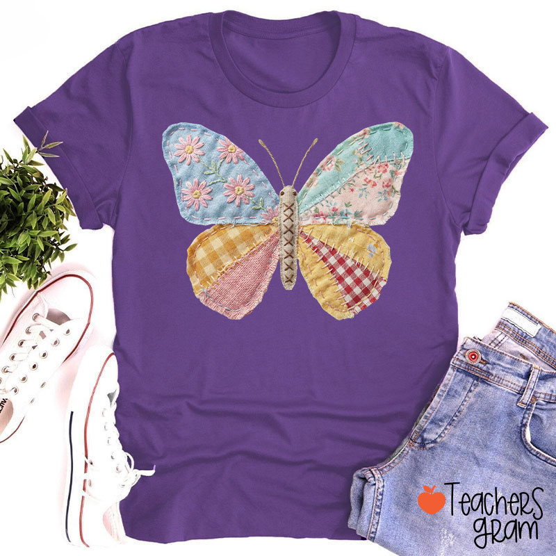 Faux Patchwork Butterfly Teacher T-Shirt