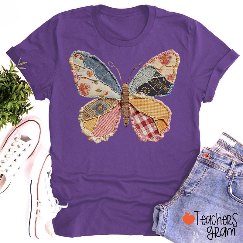 Faux Patchwork Butterfly Teacher T-Shirt