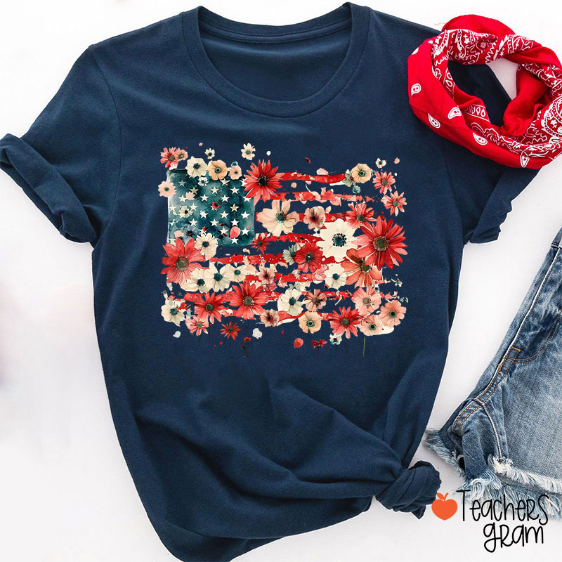 American Flag Floral Teacher T-Shirt