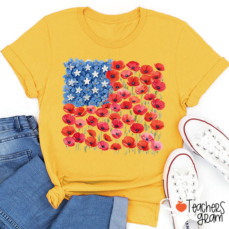Floral USA Flag 250th Anniversary Teacher T-Shirt