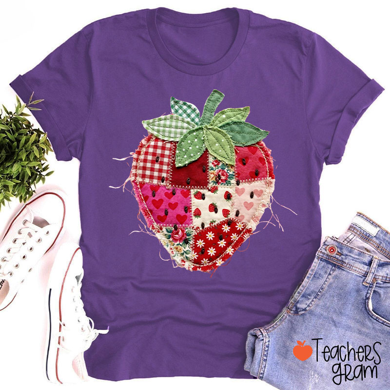 Faux Patchwork Strawberry Teacher T-Shirt