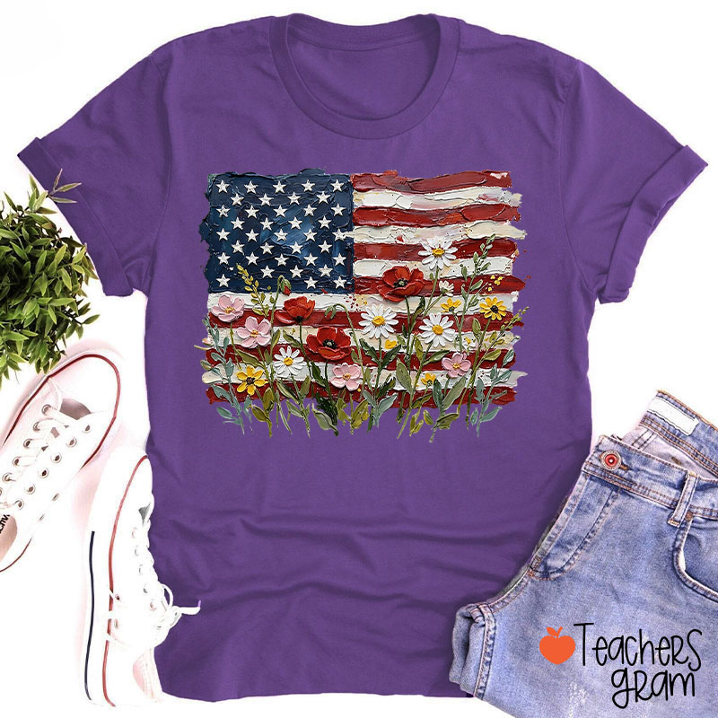 American Flag Floral Teacher T-Shirt
