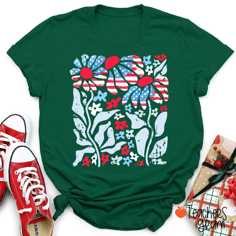 Boho Patriotic Daisy American Flag Floral Teacher T-Shirt
