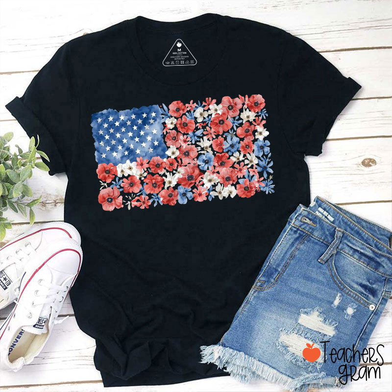 Vintage Floral USA Flag Teacher T-Shirt